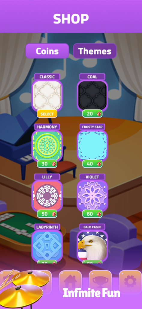 Pantalla de la tienda del juego en Dominoes Infinite mostrando varios temas de fichas y opciones de personalización como Harmony, Frosty Star y Bald Eagle.