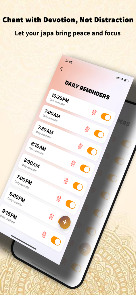 Japa Counter – Mantra Tracker - Daily reminder screen in the Japa Counter app for setting mantra chanting sessions