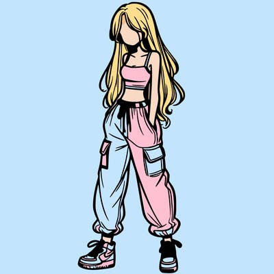 girl in baggy pants crop top and long hair