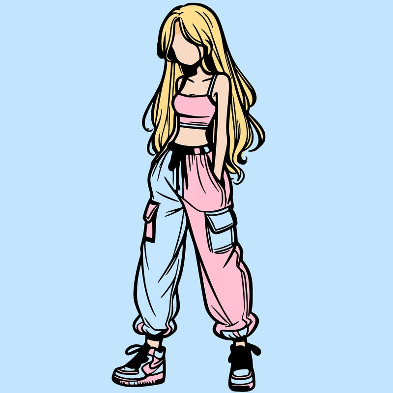 girl in baggy pants crop top and long hair