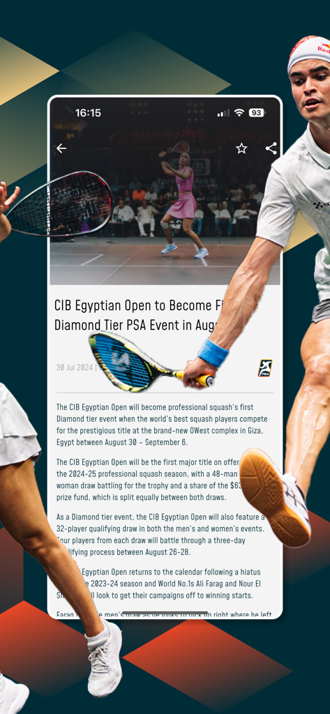 PSA Squash Tour mobile app displaying a news article about the CIB Egyptian Open Diamond tier event.