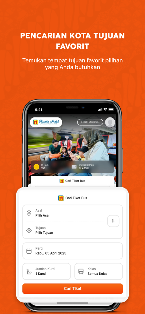 インドネシアのバス旅行のためのRosalia Indahモバイルアプリチケット検索画面