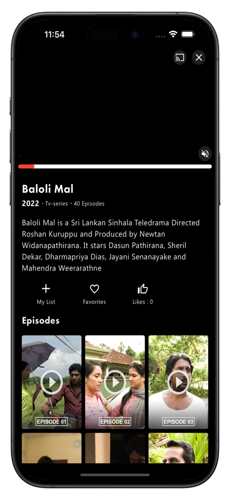 Roopa Hala mobile app showing episodes and details for the Sinhala teledrama Baloli Mal