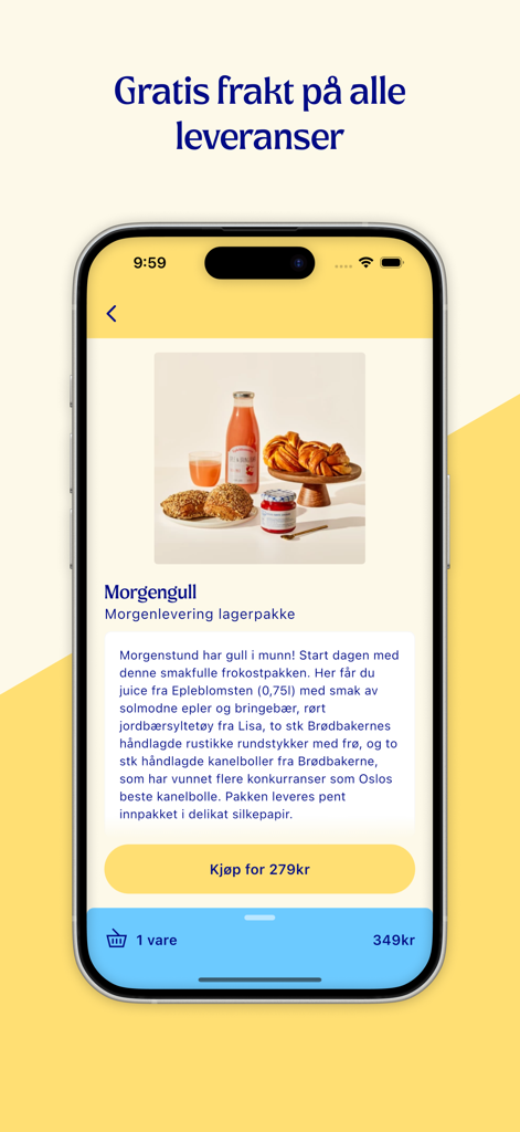 Morgenlevering - Morgenlevering app screen showing a curated breakfast package with fresh rolls pastries and juice
