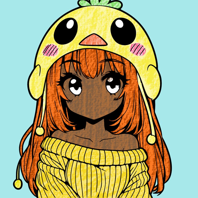 anime girl with chick shaped hat with sweater with bare shoulders with bangs covering them one eye with low tail