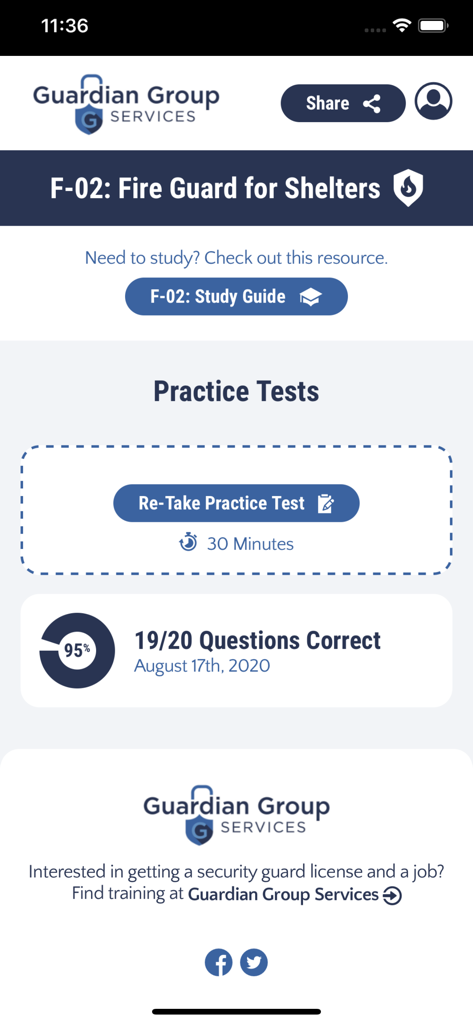 Interface of the Fire Guard for Shelters F-02 app showing a practice test score and study guide link.