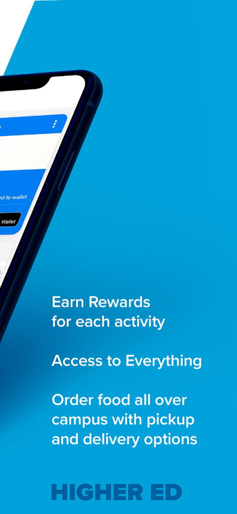 GET 모바일 앱 화면에 고등 교육을 위한 보상, 캠퍼스 액세스 및 음식 주문 기능 강조 표시