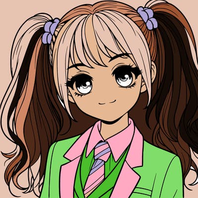 realistic girl with two ponytails and a suit on