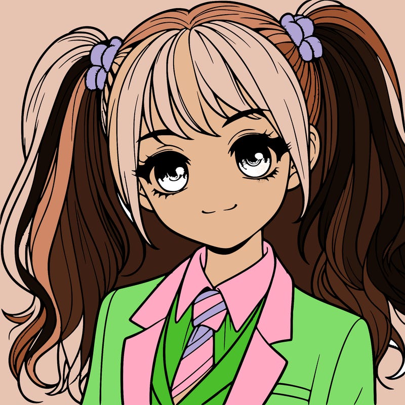 realistic girl with two ponytails and a suit on