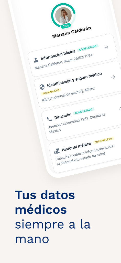 Tela de perfil do paciente no aplicativo Doctoralia México mostrando registros médicos e informações pessoais de Mariana Calderon