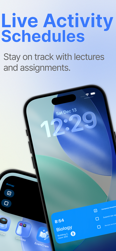 ExamCram - Study AI Quizzes - Tela de bloqueio do iPhone mostrando a agenda de atividades ao vivo do ExamCram para uma aula de biologia.