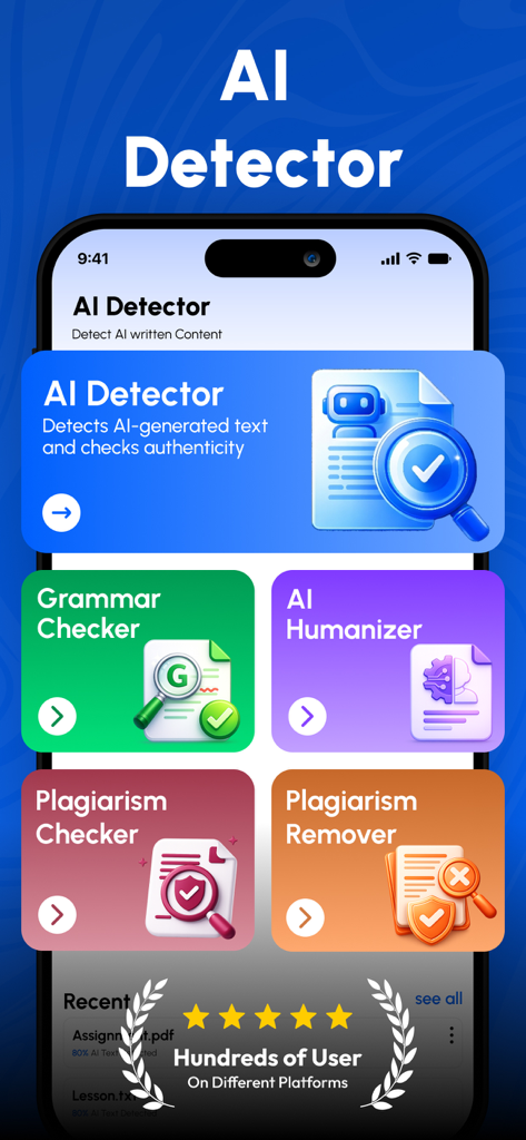 AI Detector, Humanize AI Text - Interface principal do aplicativo AI Detector mostrando recursos como AI Humanizer, Grammar Checker e Plagiarism Remover.