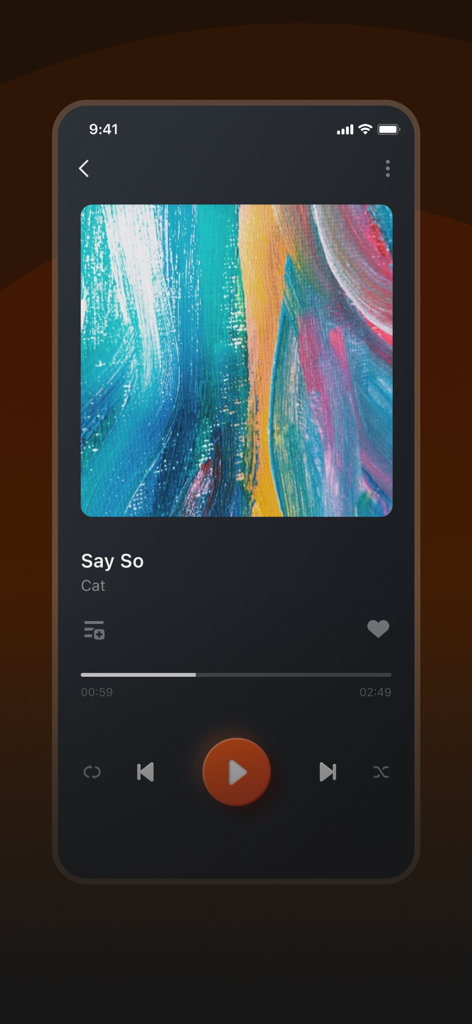 Musivibe app interface showing the music player with colorful album art and playback controls on a dark background
