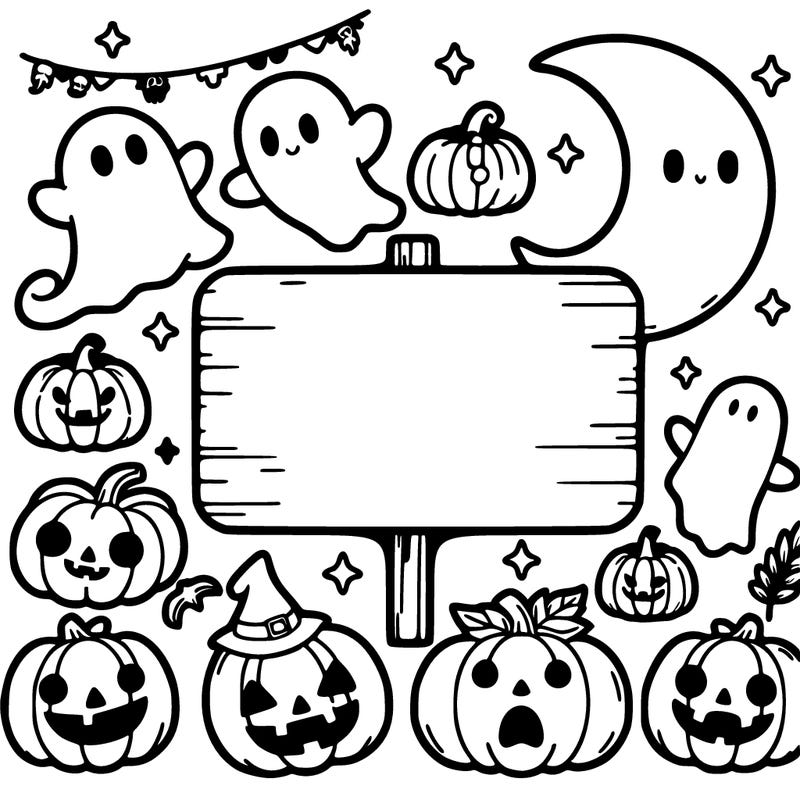 a white sign in the the middle of the image and around the sign there are halloween accessories like pumpkins and little cute ghosts