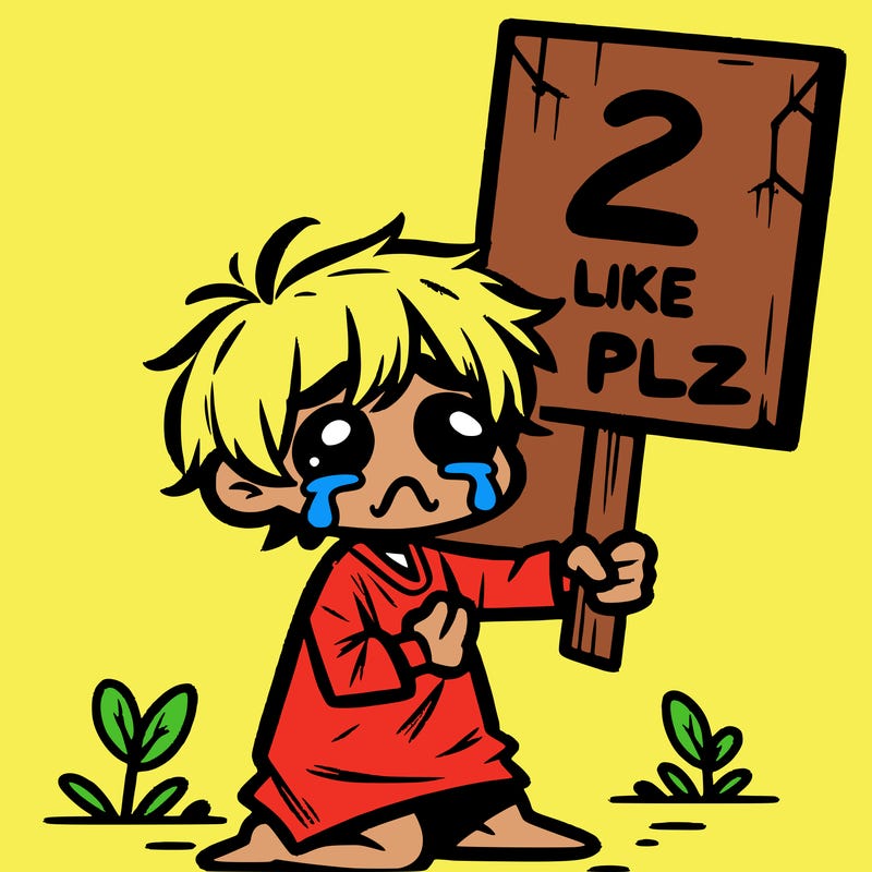 small poor toddler crying with sign that says 2 like plz