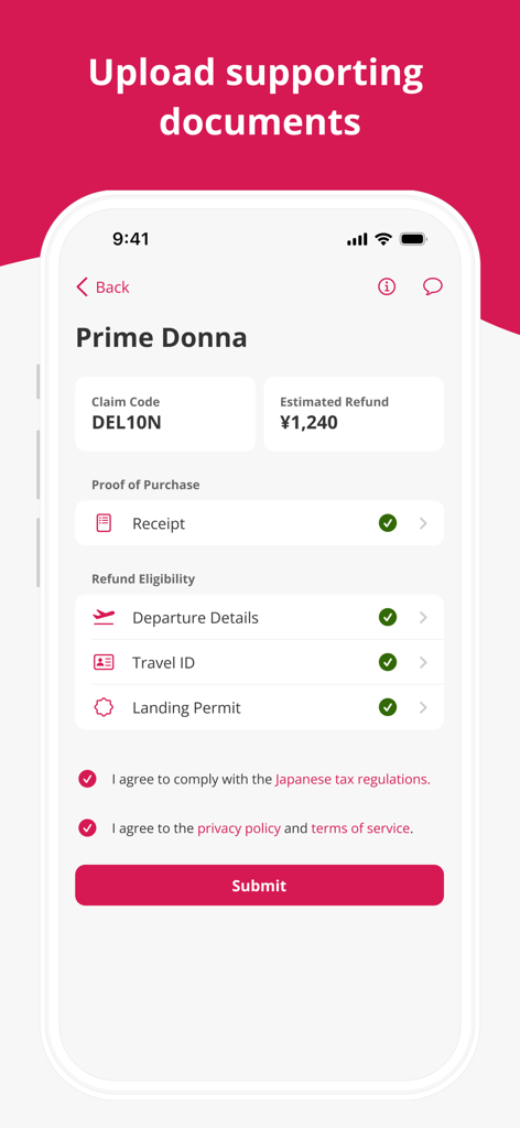 Pie VAT - Tela do aplicativo móvel Pie VAT mostrando o processo de upload de recibo e documentos de viagem para um reembolso fiscal