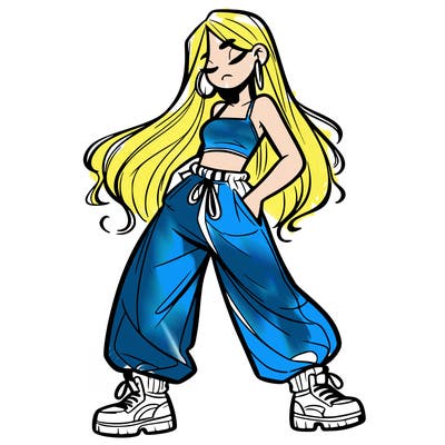 girl in baggy pants crop top and long hair