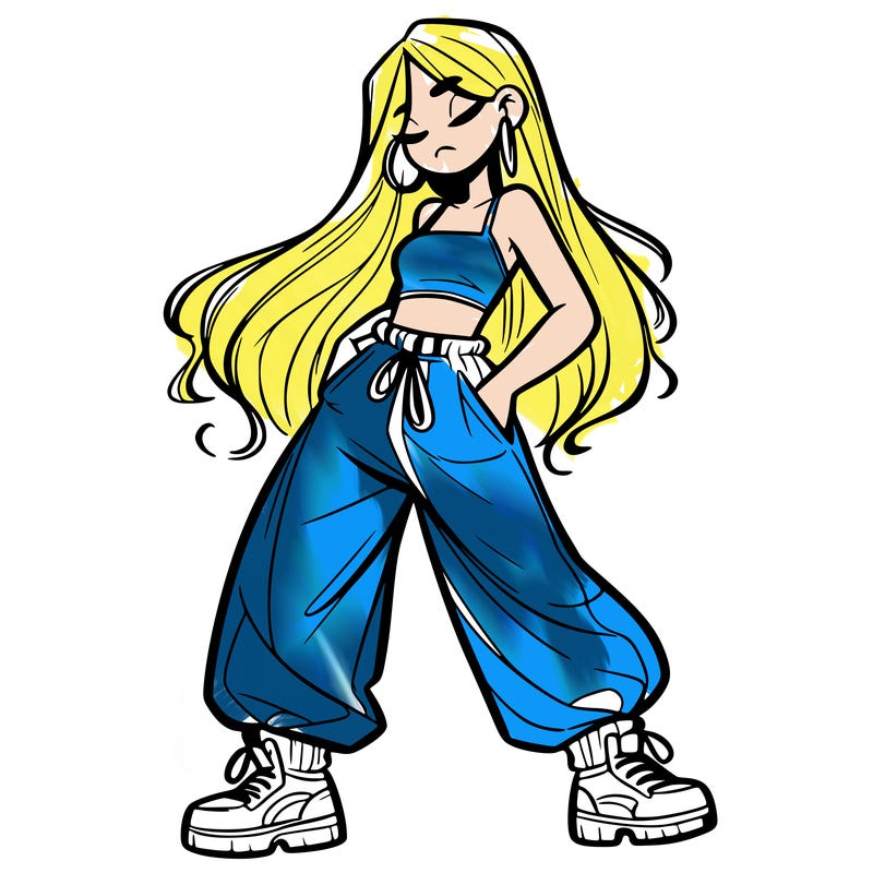 girl in baggy pants crop top and long hair