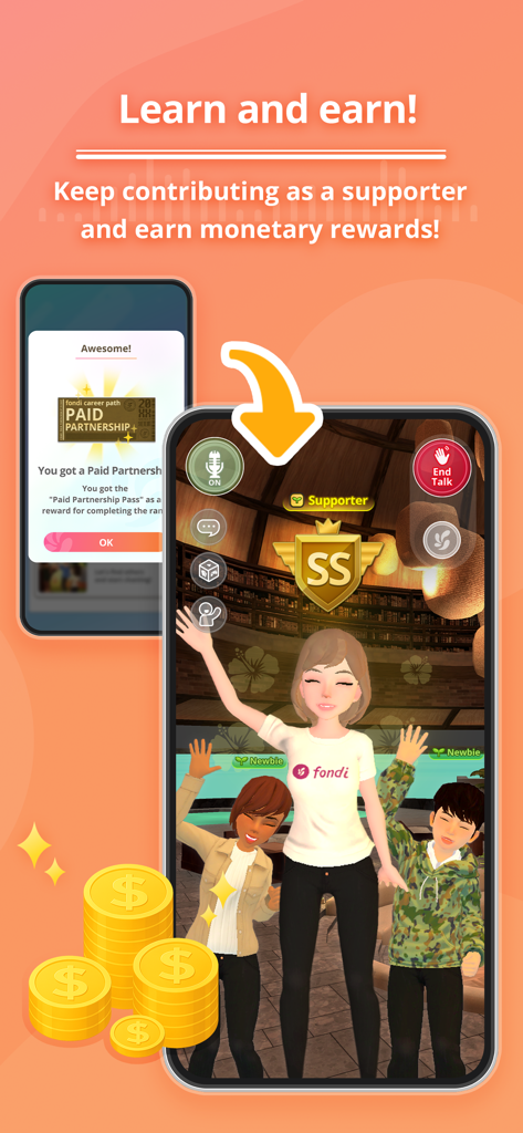 User avatars in a virtual lounge illustrating the learn and earn feature with monetary rewards in the fondi app
