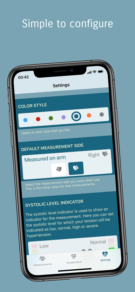 Tension Diary - Pantalla de configuración de la aplicación Diario de Tensión que muestra opciones de estilo de color y selección de brazo de medición predeterminado