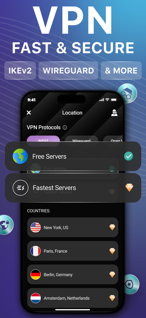 TOR Browser: VPN+Onion+Adblock - IKEv2 및 WireGuard와 같은 프로토콜 옵션 및 전 세계 VPN 서버 위치 목록을 보여주는 TOR 브라우저 앱 인터페이스.