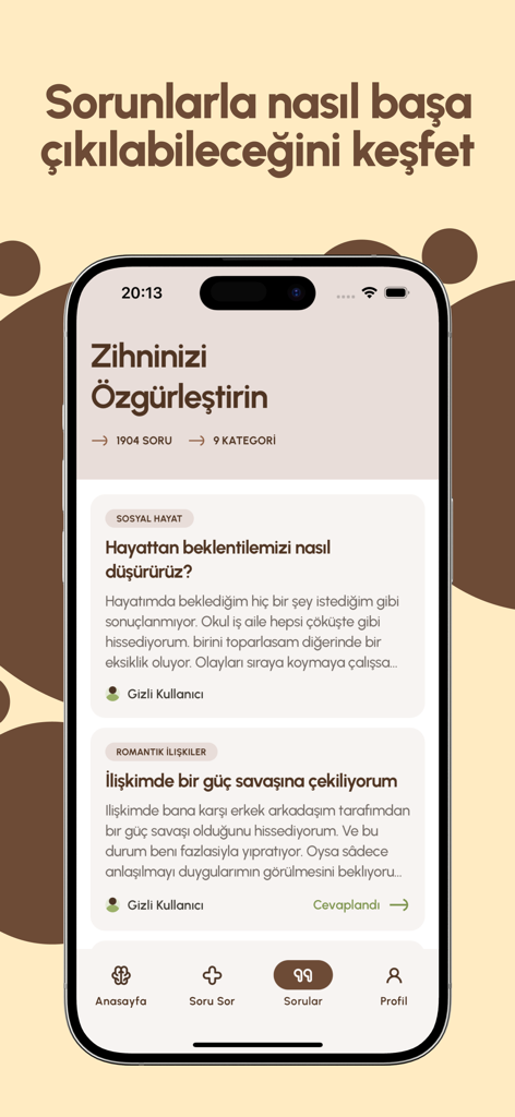 Psikolojik Destek - Psikologca - Mobile interface of the Psikologca app showing anonymous user questions about social life and relationships in Turkish.