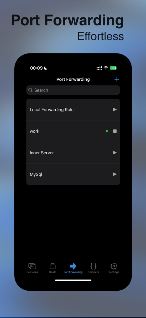 Nex Terminal mobile interface showing port forwarding rules for work and database servers