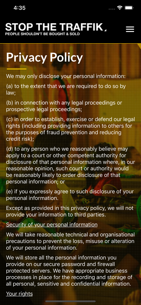 Privacy Policy screen of The STOP APP explaining data security and anonymous reporting protocols