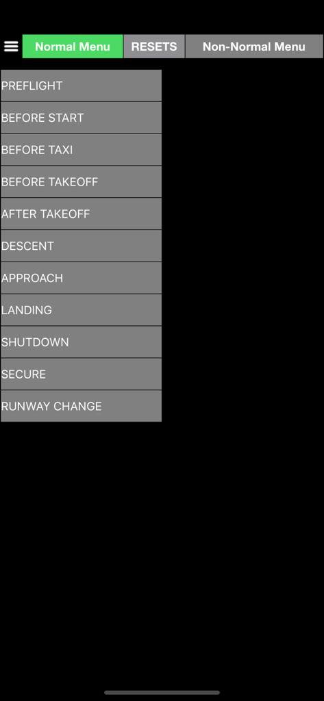 Boeing 787 handbook app displaying a menu of normal flight procedures from preflight to shutdown.