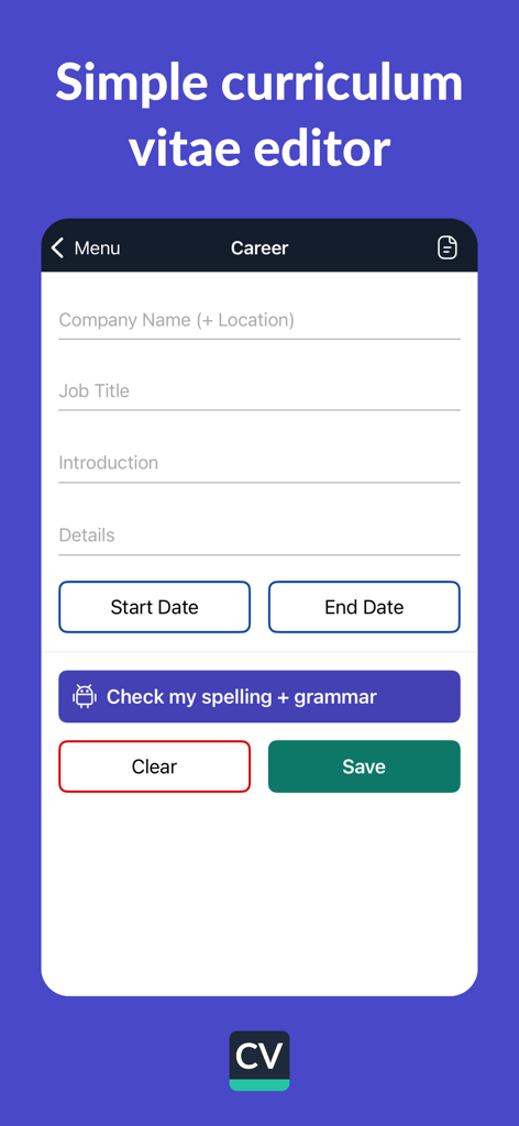 Resume Builder - CV Engineer - 職務経歴・履歴書作成アプリのモバイルインターフェース。職務経歴を入力するフィールドと文法チェックボタンが表示されています
