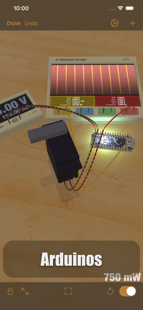 iCircuit 3D - Simulação 3D de um circuito Arduino Nano com um osciloscópio e um servo motor em uma bancada virtual