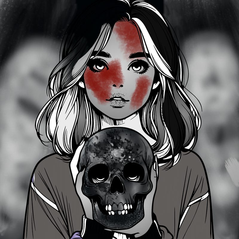 realistic girl holding a skull