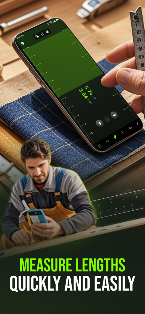 Level Tool: Bubble Leveler Pro - A person using the digital ruler feature on a smartphone to measure length in centimeters and inches