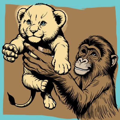 a  baby lion held over by the hands of a monkey realistic