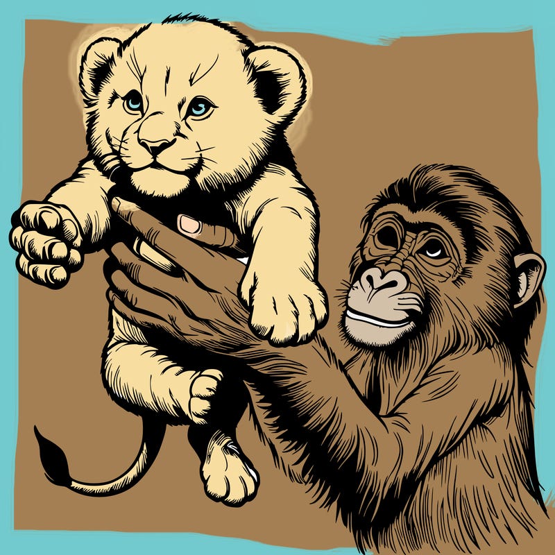 a  baby lion held over by the hands of a monkey realistic