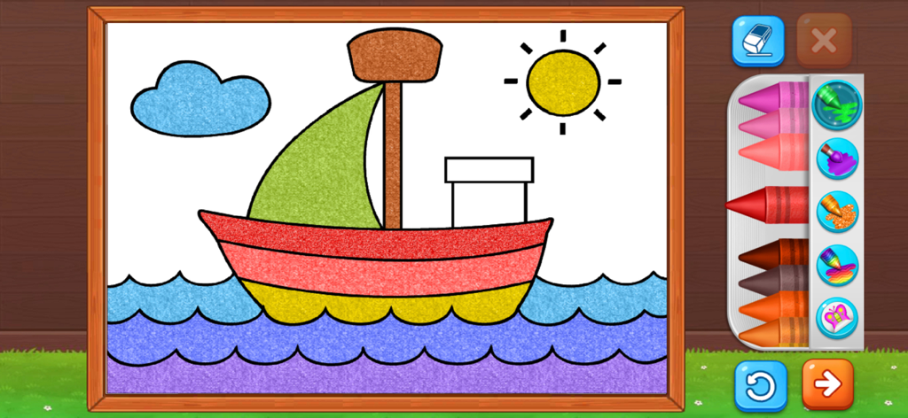 Coloring Games: Painting, Glow - Digital coloring book interface showing a sailboat drawing and colorful crayons
