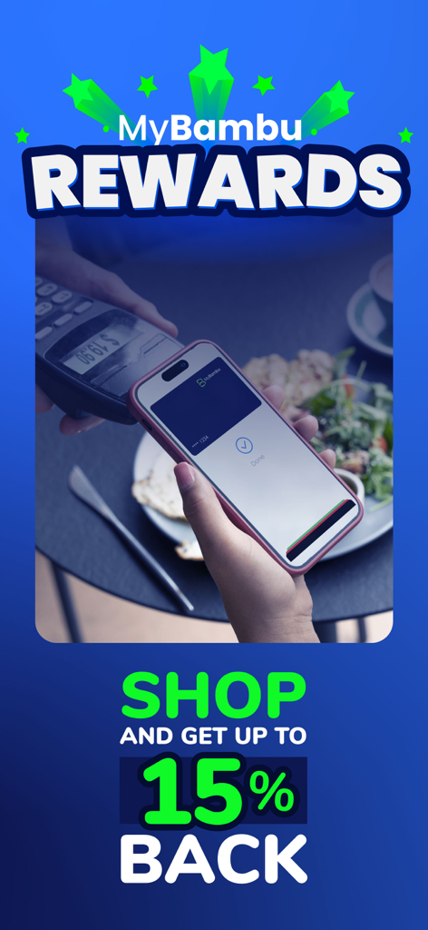 MyBambu-App-Bildschirm, der 15-prozentige Cashback-Prämien für Einkäufe mit mobilen Zahlungen anzeigt.