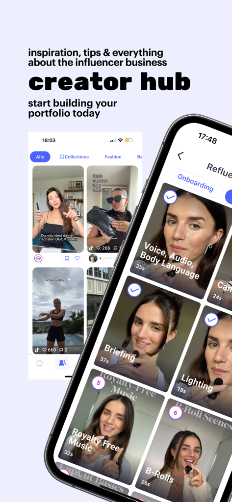 Refluenced - Refluenced Creator Hub App-Bildschirm mit Lernvideo-Modulen zum Erstellen eines Influencer-Portfolios