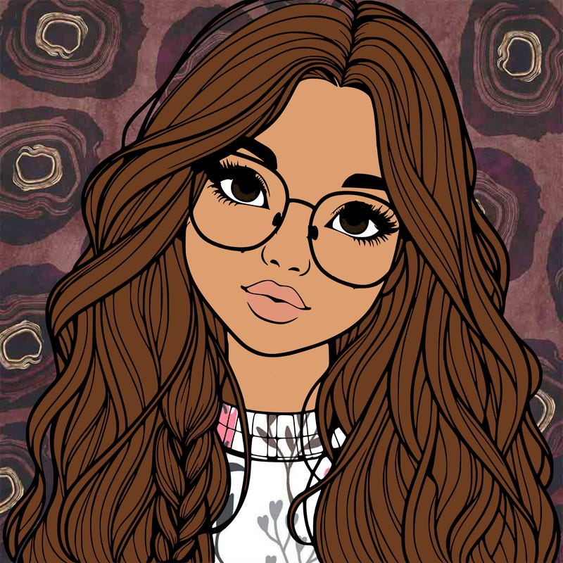 girl with long hair and freckles and glasses realistic