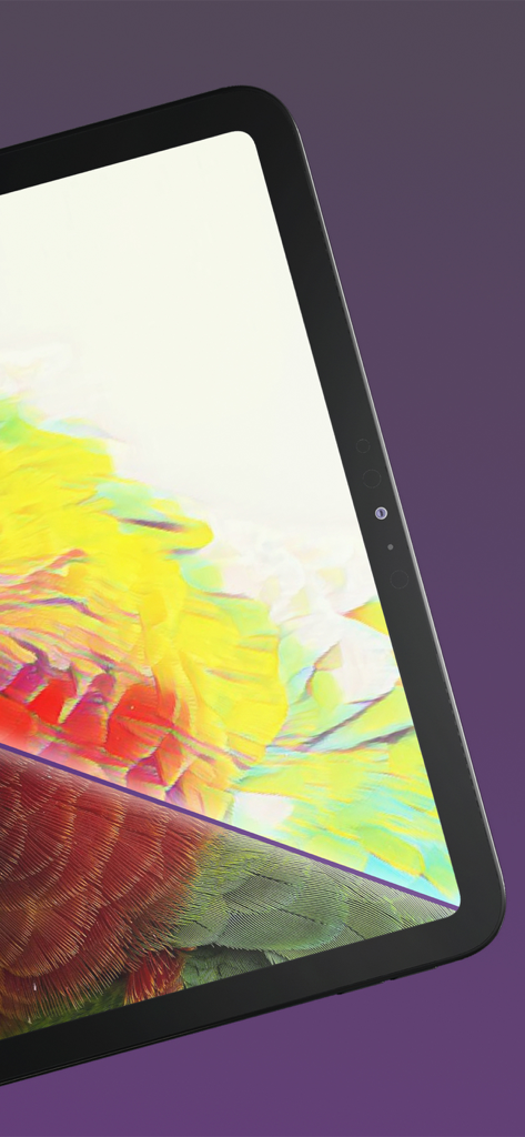 Ein Tablet, das ein farbenfrohes, KI-generiertes Kunstwerk mit Vogelfedertexturen und abstrakten Ölgemälde-Pinselstrichen zeigt.