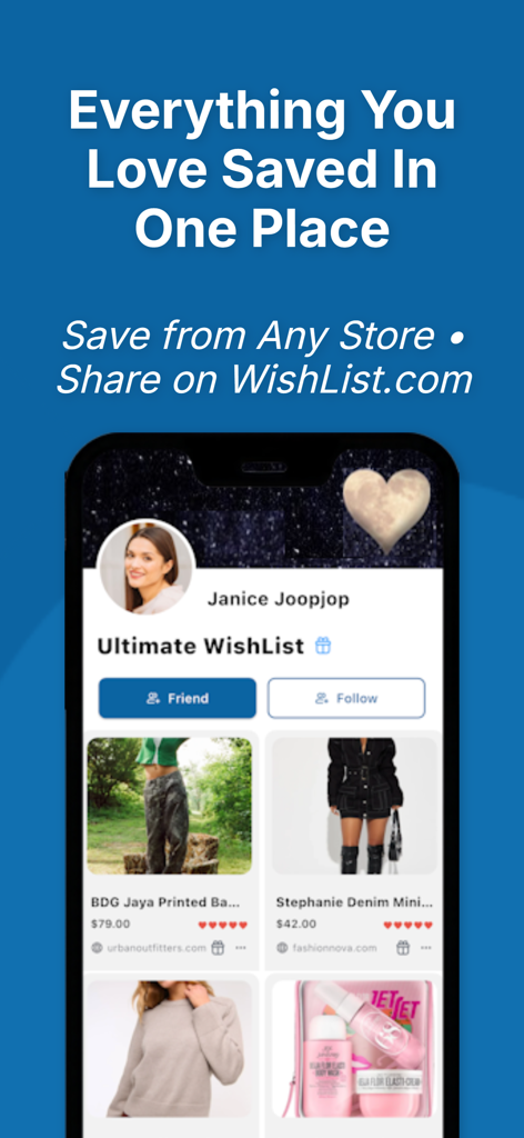 WishList - by WishList.com - Smartphone displaying the WishList app interface with a curated collection of gift ideas from various online stores