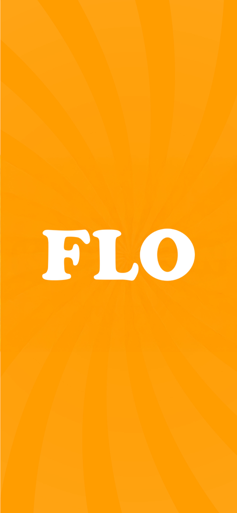 White FLO logo on an orange sunburst background