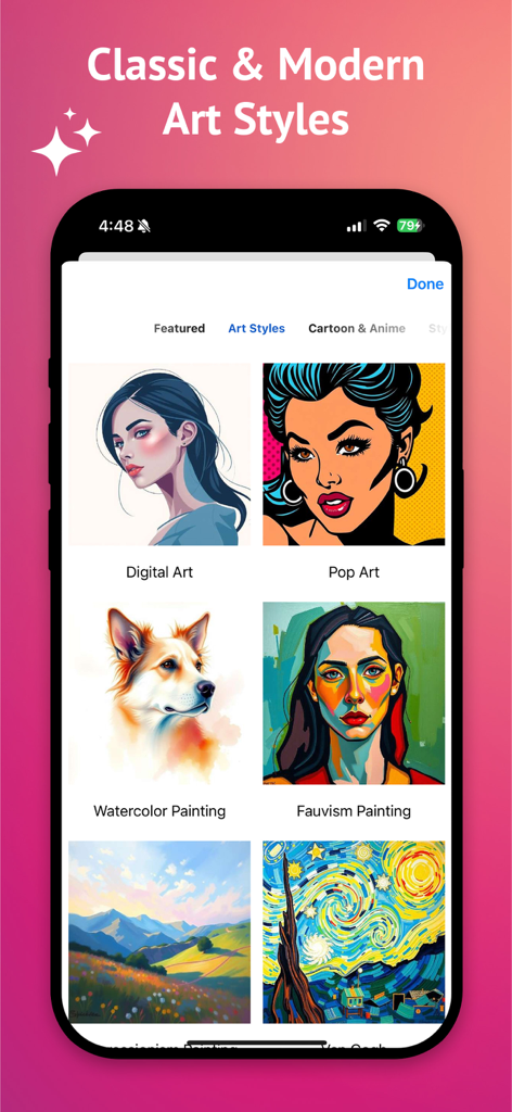 AI Image Maker Pro: Fast & Fun - AI Image Maker Pro app screen displaying various art styles including Digital Art and Pop Art