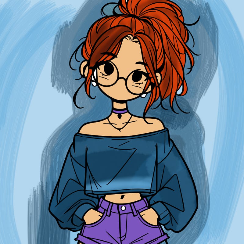 girl with a messy ponytail glasses a baggy crop top and jean shorts