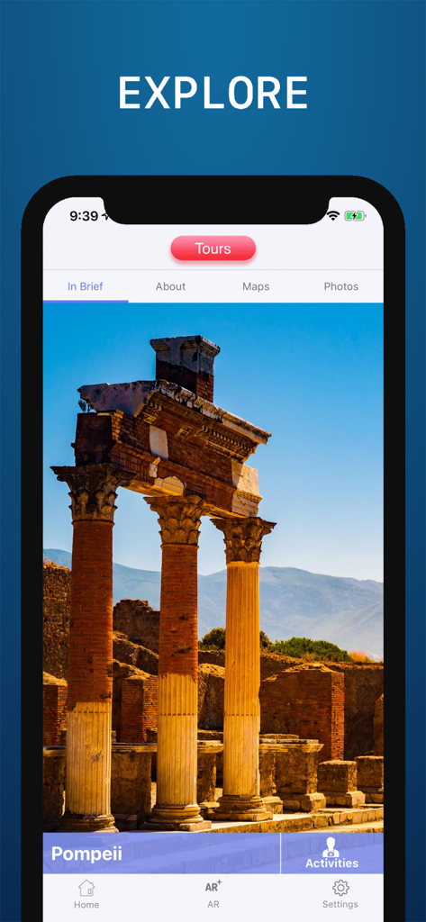 Captura de pantalla de la aplicación móvil Guía de Viaje de Pompeya mostrando ruinas antiguas y funciones de navegación.