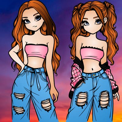 2 girls in crop tops and baggy jeans ripped