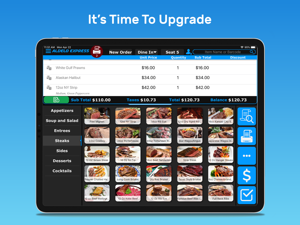 Interface do POS de restaurante Aldelo Express no iPad mostrando um pedido para comer no local e um menu visual de itens de bife