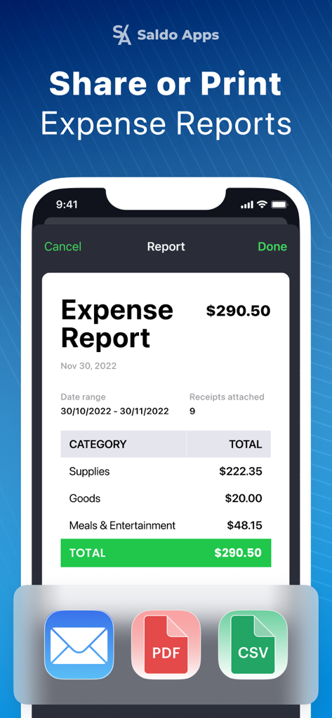 A mobile interface showing an expense report with options to export as PDF CSV or email