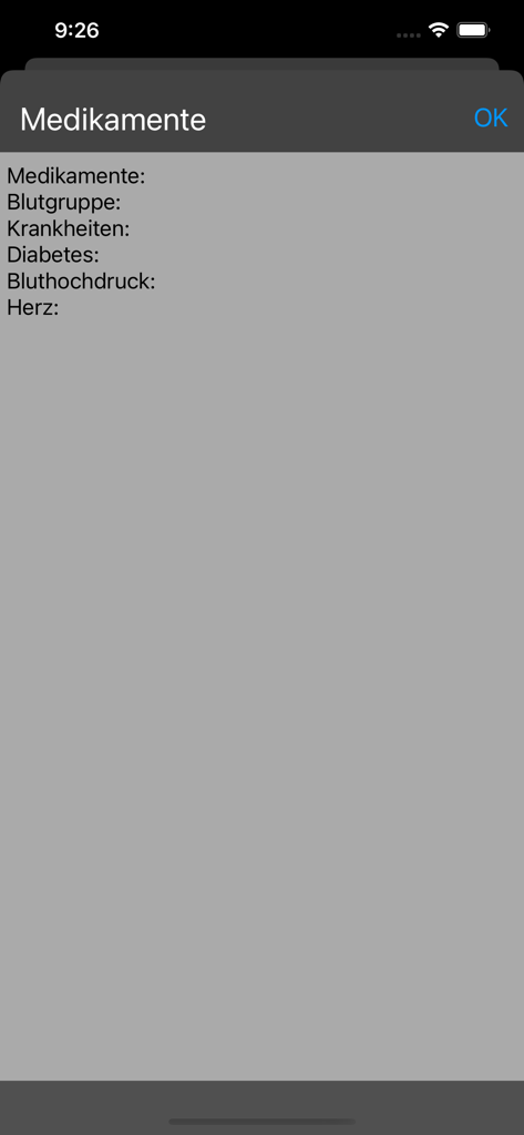 Interface do aplicativo de emergência para registrar histórico médico, incluindo tipo sanguíneo e condições crônicas.