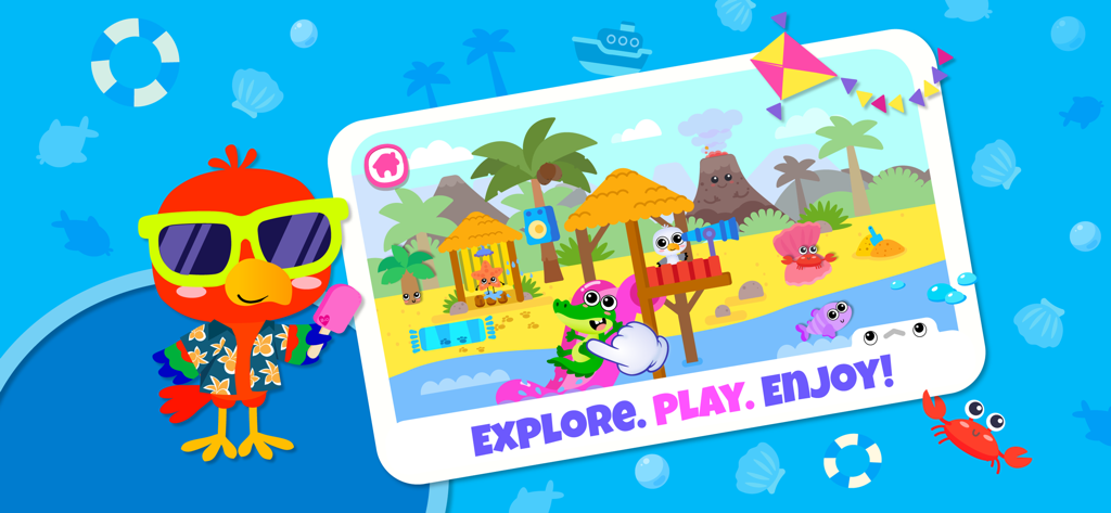 A colorful scene from Mega World life games for kids showing a tropical beach with a crocodile and a parrot character